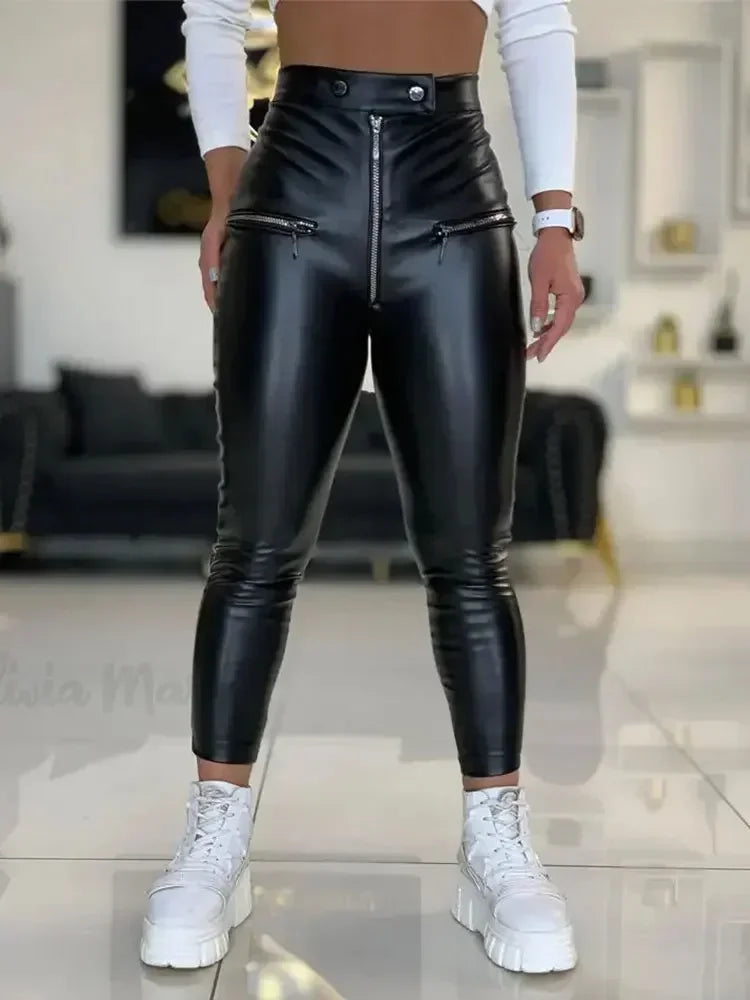 Pantalon Slim Taille Haute en Similicuir Mat
