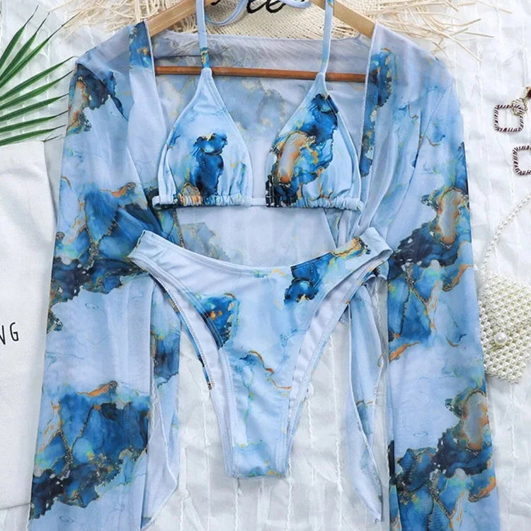 Maillot de bain trois pièces Push Up imprimé marbre, col en v, à armatures, pour femmes