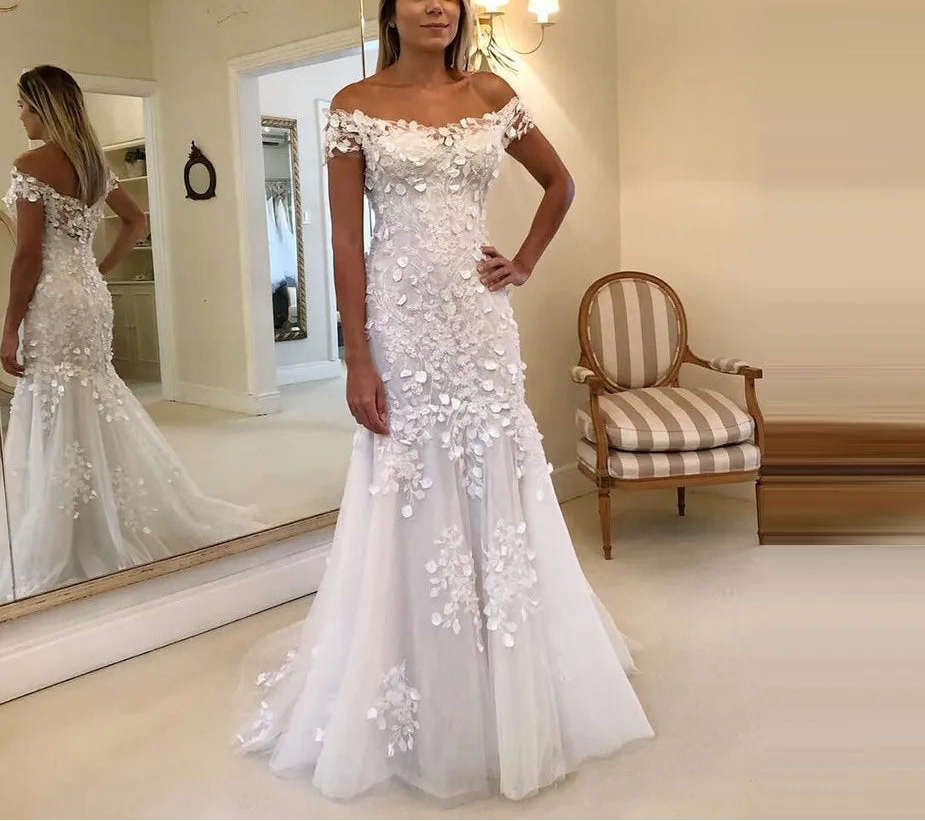 Robe de mariée sirène blanche à épaules dénudées pour femmes