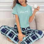 Ensemble de pyjama 2 pièces à imprimé lettre t-shirt doux et confortable et pantalon long à carreaux pour femmes