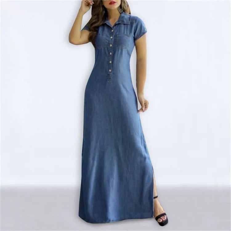 Robe longue en jean décontractée à col de chemise pour femmes