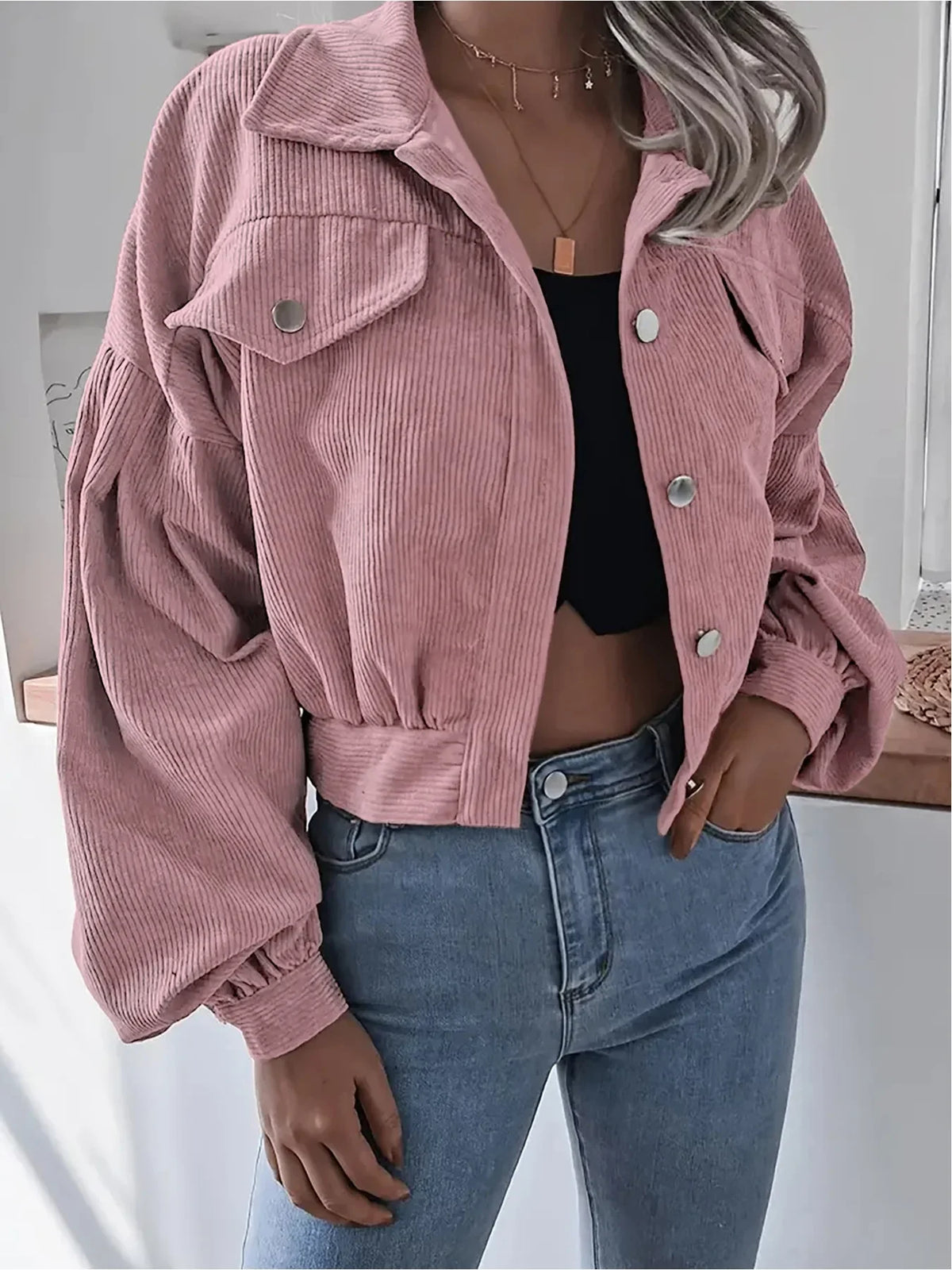 Veste Courte en Velours Côtelé Femme – Manches Lanterne