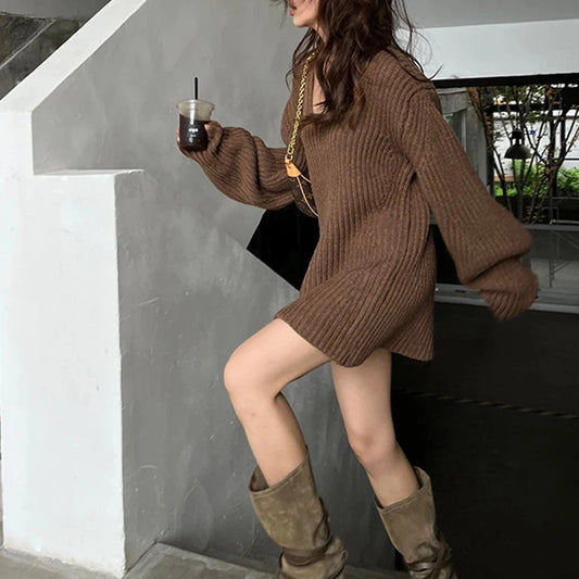Pull femme en maille côtelée à col V et manches longues