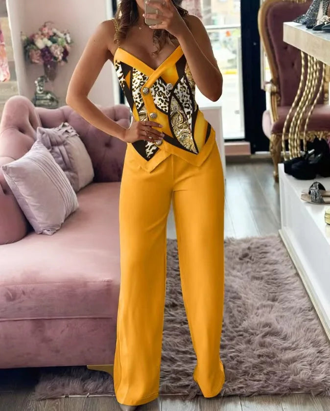 Ensemble 2 pièces haut asymétrique sexy à fronces et pantalon droit décontracté pour femmes