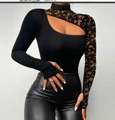 T-shirt à manches longues irrégulier en dentelle pour femmes
