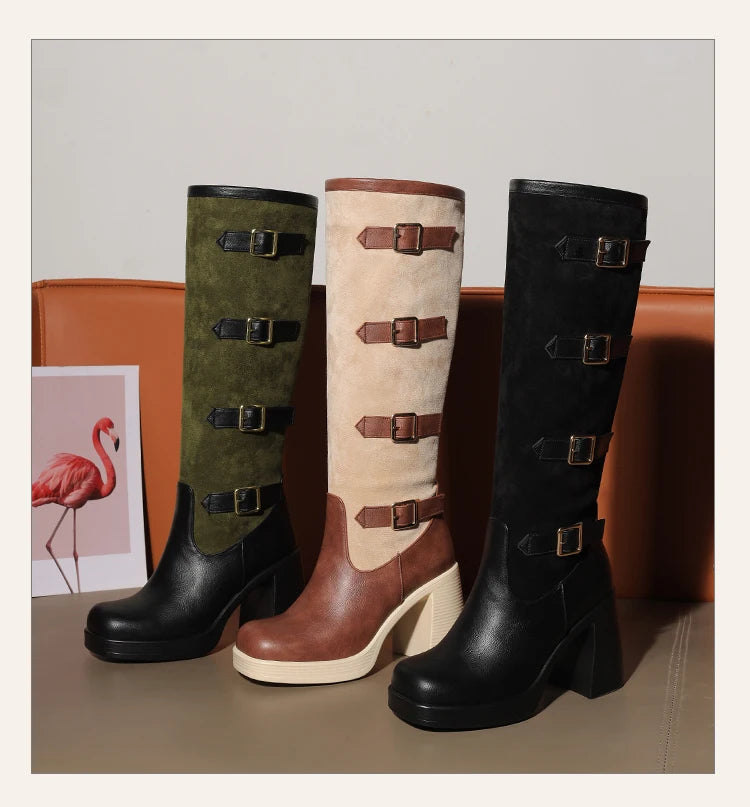 Bottes mi-mollet en PU givré avec boucle de ceinture à cinq rangées et talon ultra-haut pour femmes