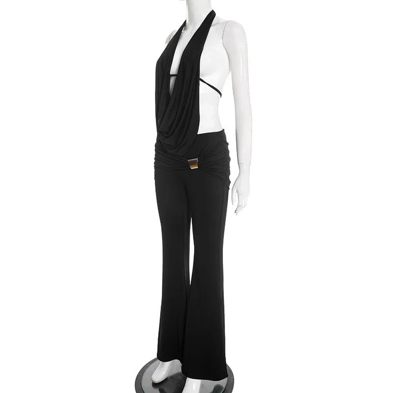 Ensemble 2 pièces haut dos nu sans manches et pantalon évasé froncé pour femmes