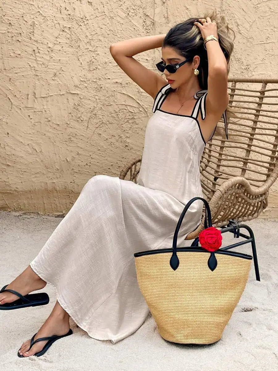 Robe Longue de Plage Femme – Épaules Dénudées et Laçage