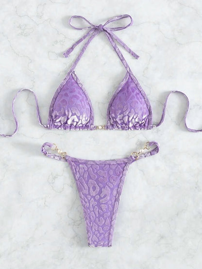 Maillot de Bain 2 Pièces Femme – Effet Cuir PU, Push-Up et String