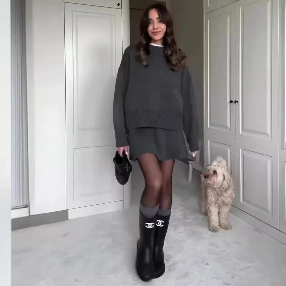 Ensemble deux pièces robe, jupe et pull en maille pour femmes
