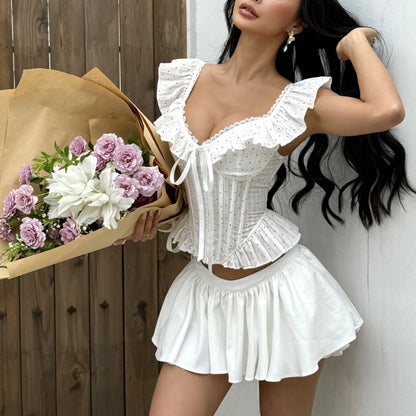 Haut Corset Femme – Pois, Dentelle et Volants