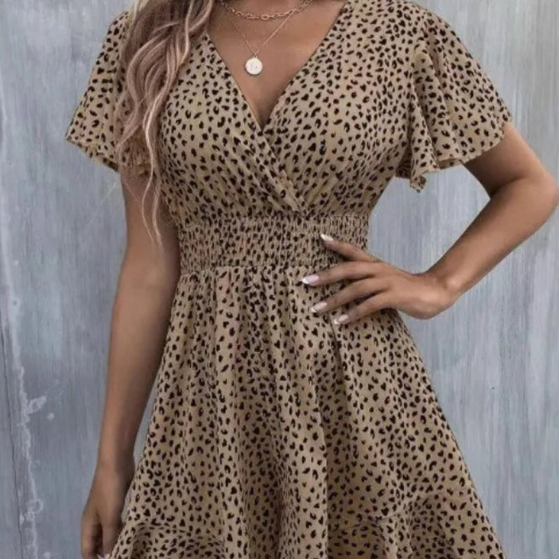 Robe courte à col V et manches en forme de feuille de lotus pour femmes