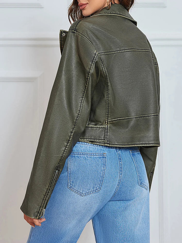Veste courte en similicuir avec ceinture pour femmes