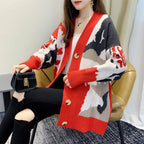 Cardigan tricoté imprimé couleur bloquée pour femmes