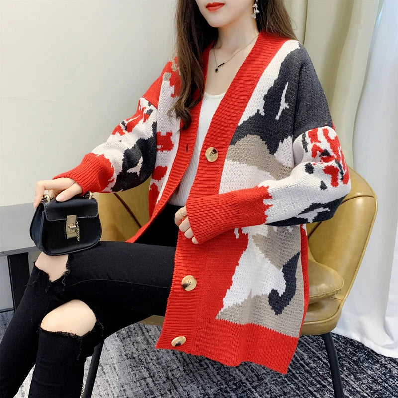 Cardigan tricoté imprimé couleur bloquée pour femmes