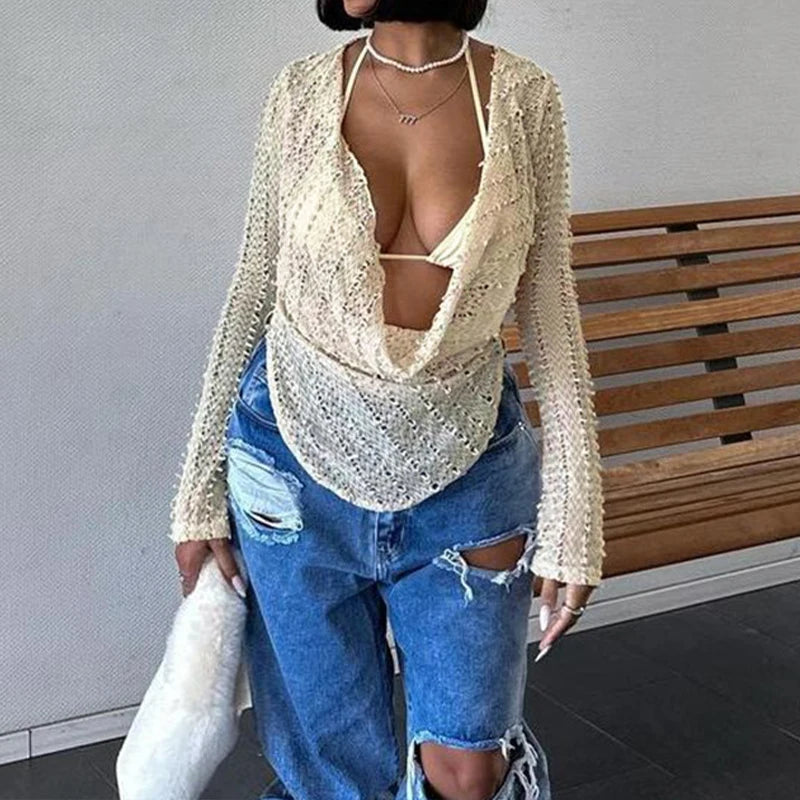 T-shirt femme asymétrique ajouré à manches longues