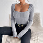 T-shirt tendance en polyester à manches longues et col en U pour femmes