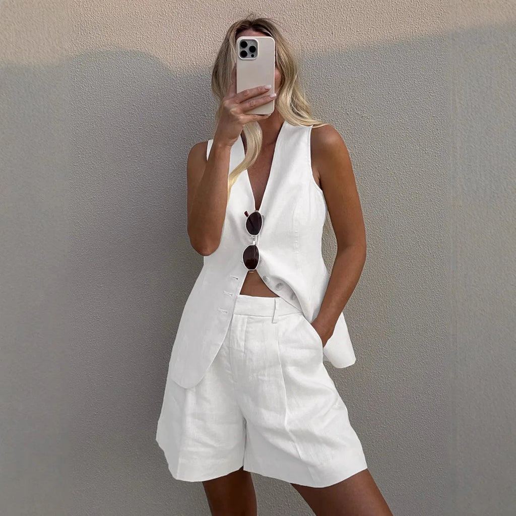 Ensemble débardeur et short en coton et lin, chic et décontracté pour femmes