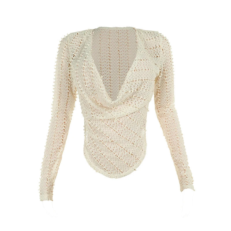 T-shirt femme asymétrique ajouré à manches longues