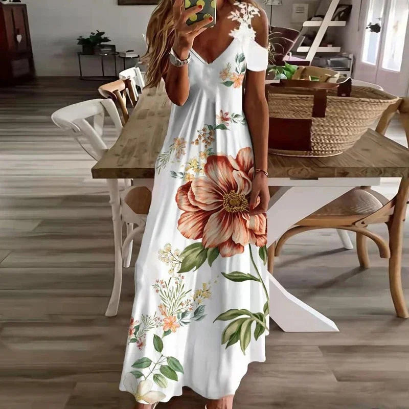 Robe longue décontractée en dentelle blanche imprimée pour femmes