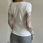 Haut en dentelle à motifs patchwork et tissu transparent pour femmes