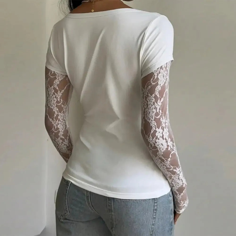 Haut en dentelle à motifs patchwork et tissu transparent pour femmes
