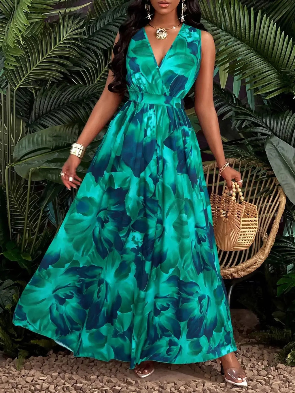 Robe longue imprimé tropical pour femmes