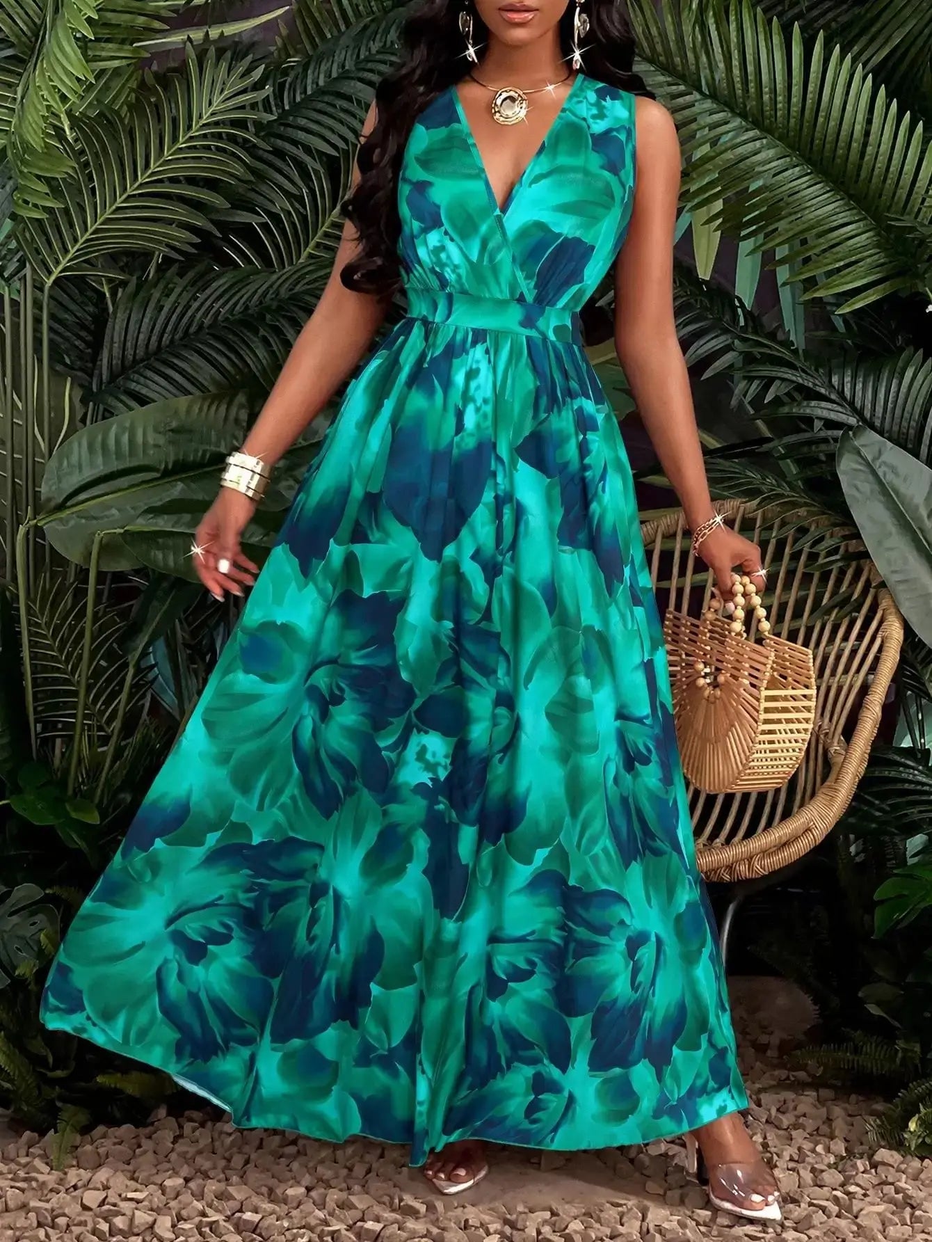 Robe longue imprimé tropical pour femmes