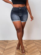 Short en jean grande taille style rétro américain à ourlet roulé pour femmes