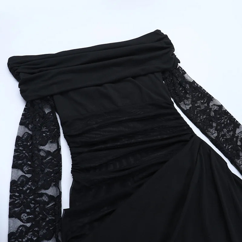 Robe longue moulante en maille transparente et froncée pour femmes