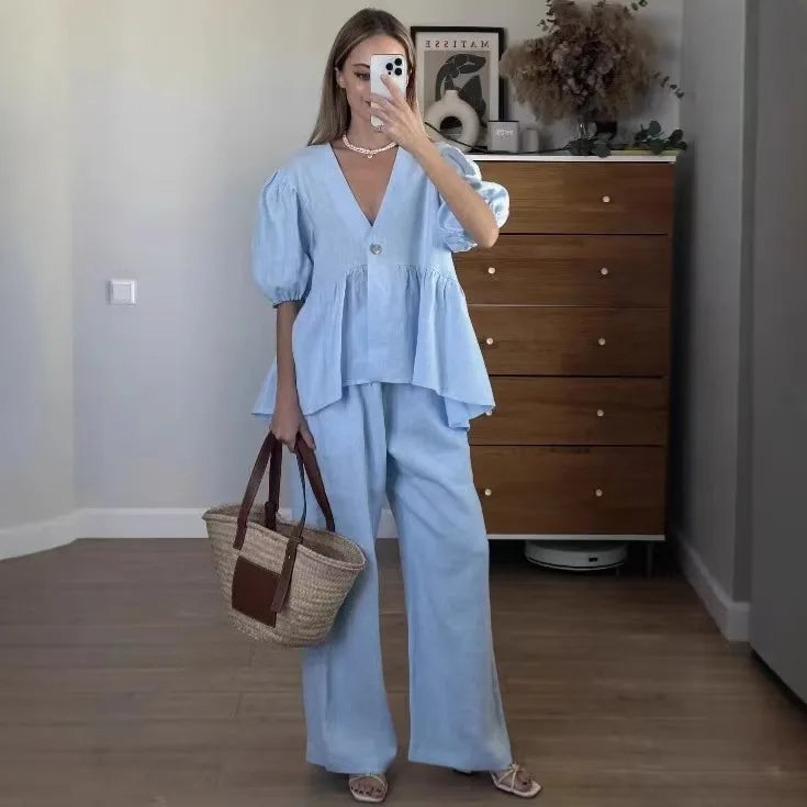 Ensembles deux pièces T-Shirt court haut + pantalons longs pour  femmes