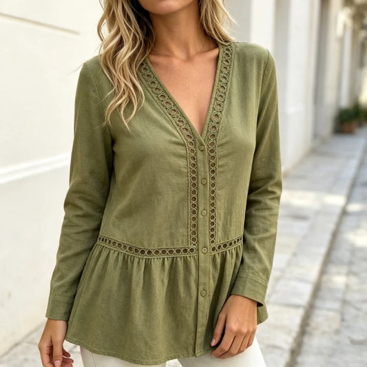 Chemise Unie Femme – Col V, Dentelle et Manches Longues