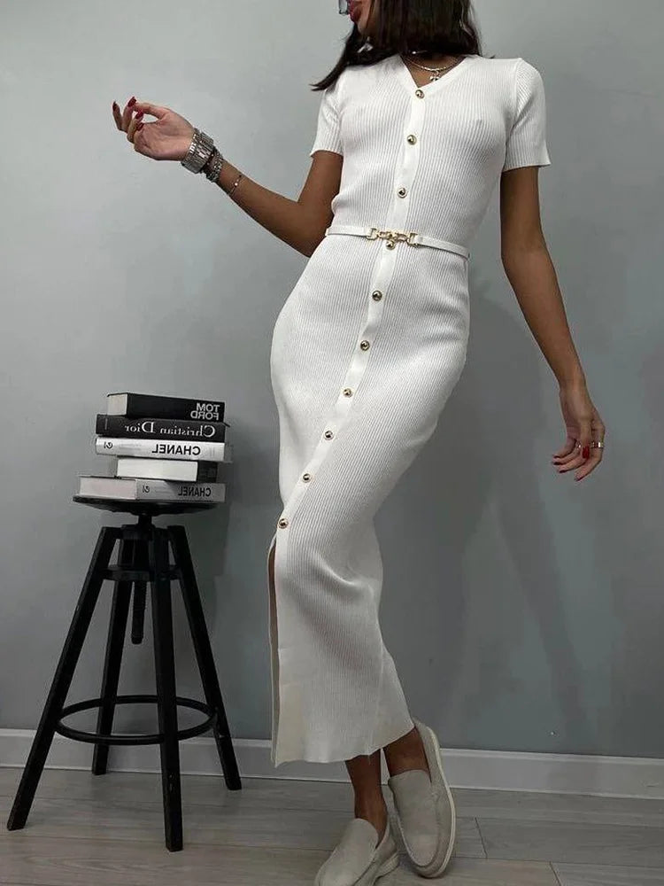 Robe Longue d’Été Femme – Maille, Col V et Boutons