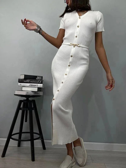 Robe Longue d’Été Femme – Maille, Col V et Boutons
