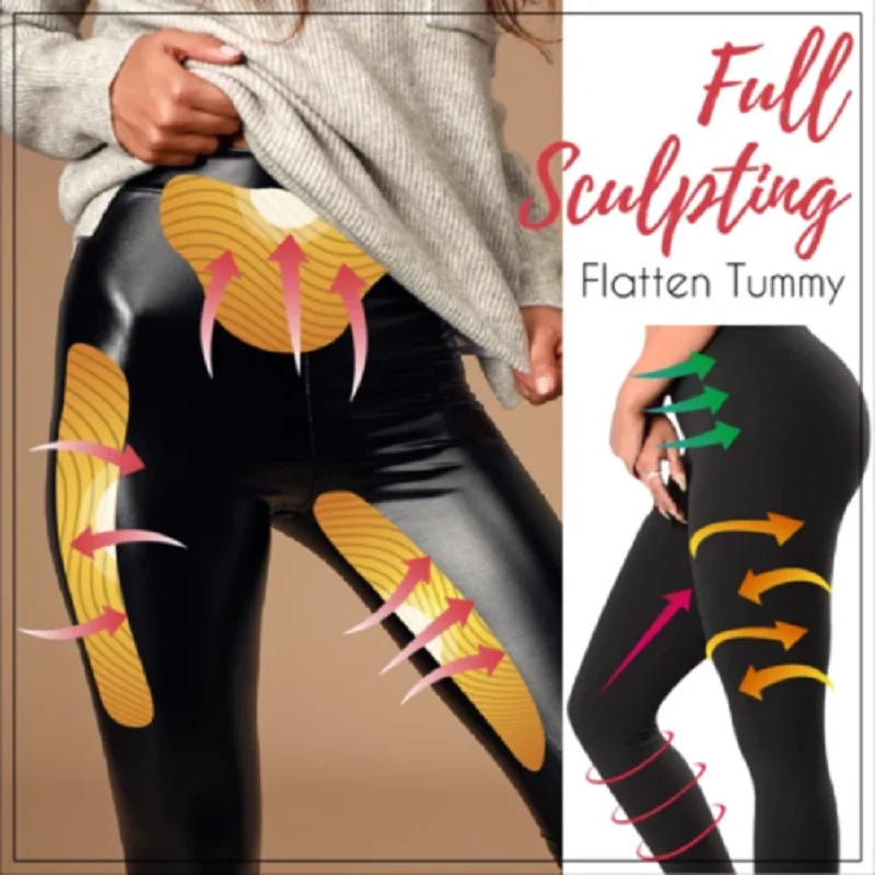 Leggings gainants taille haute en similicuir pour femmes