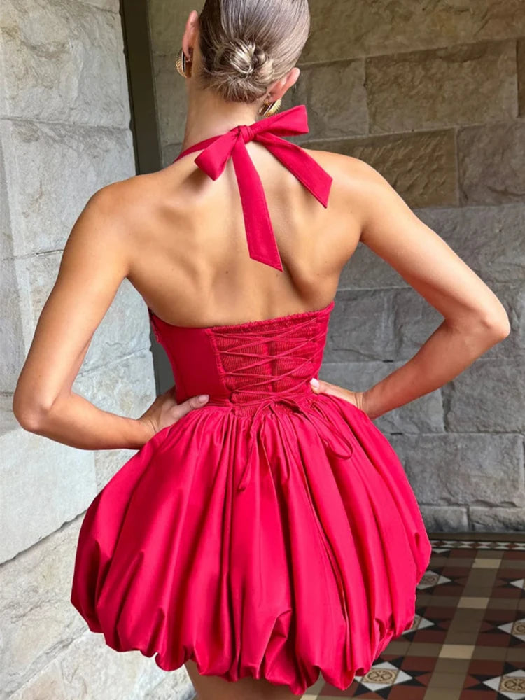 Robe courte bouffante sans manches à lacets pour femmes