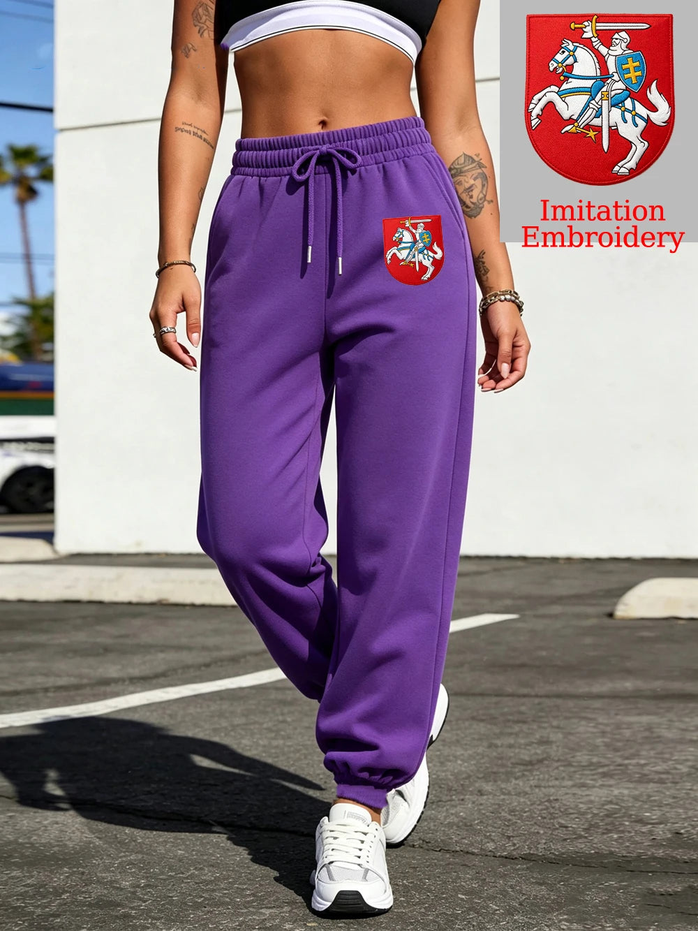 Pantalon de jogging basique à poches imprimé de l'emblème de la Lituanie pour femmes