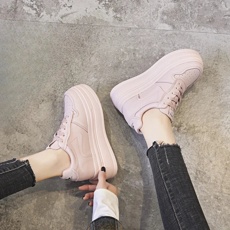 Baskets compensées à plateforme en cuir véritable pour femmes