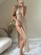 Robe de plage moulante sexy transparente en maille dos nu à lacets et fente pour femmes