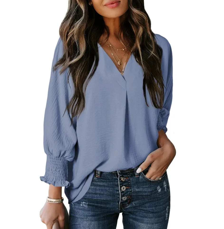 Chemise à col en V et manches longues lanterne pour femmes