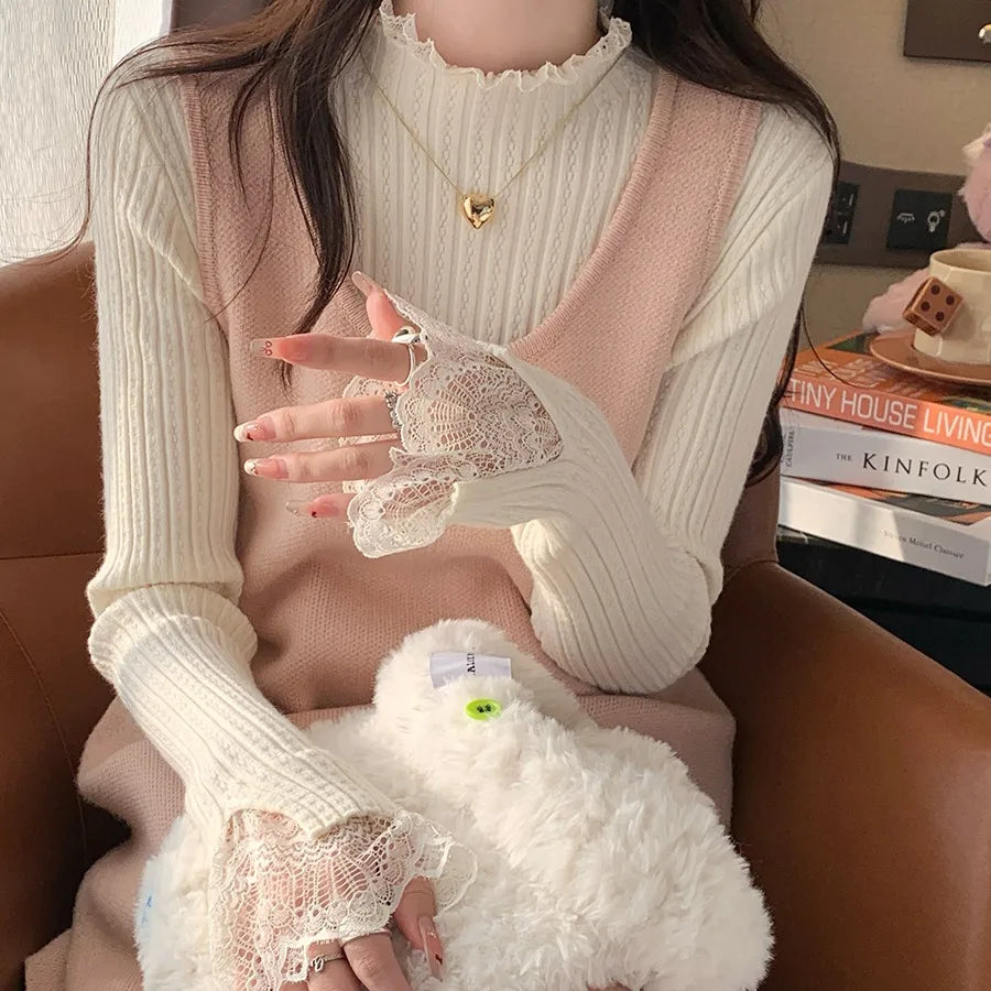 Pull Effet Deux Pièces Femme – Dentelle, Col Roulé et Volants