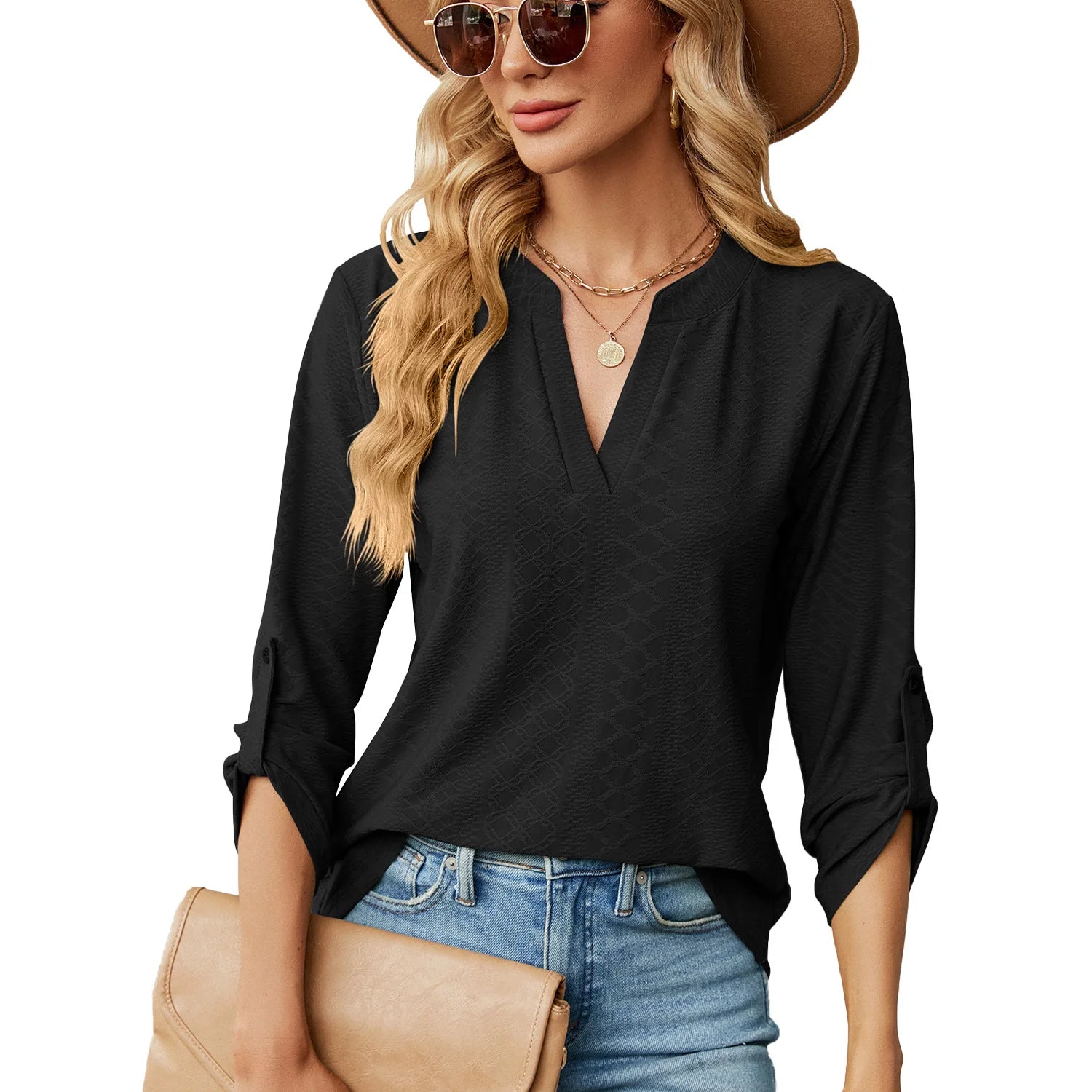 T-shirt à col en V et manches longues côtelées pour femmes
