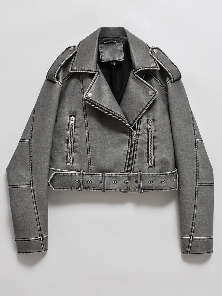 Veste vintage ample lavé en faux cuir pour femmes