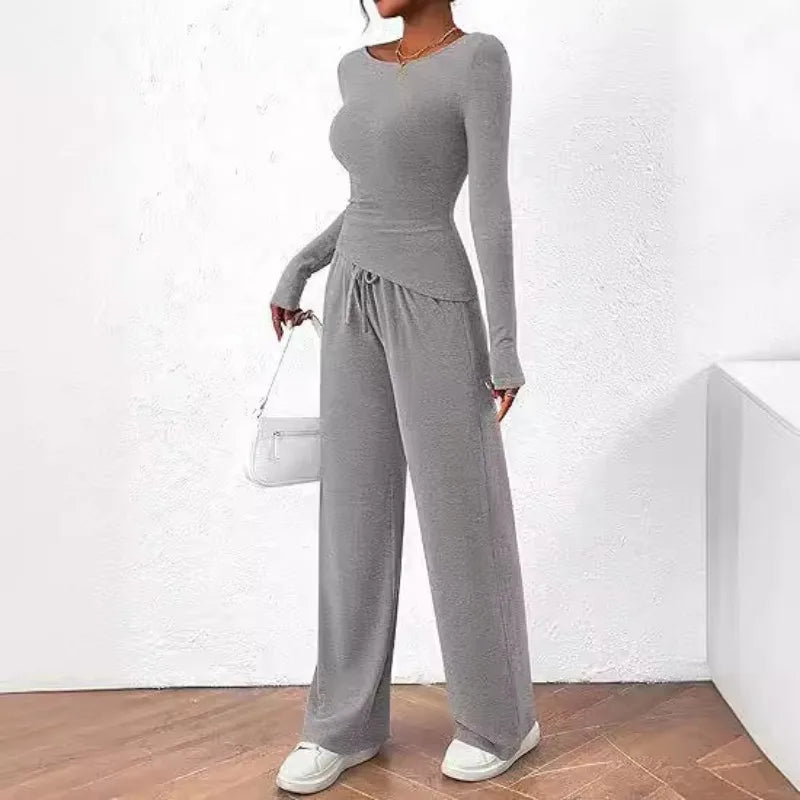 Ensemble décontracté T-shirt asymétrique à manches longues et pantalon à jambes larges pour femmes
