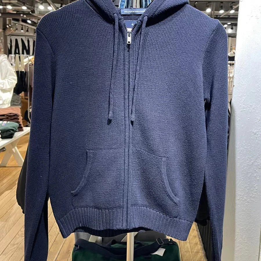 Cardigan tricoté en coton à capuche avec cordon de serrage et fermeture éclair pour femmes