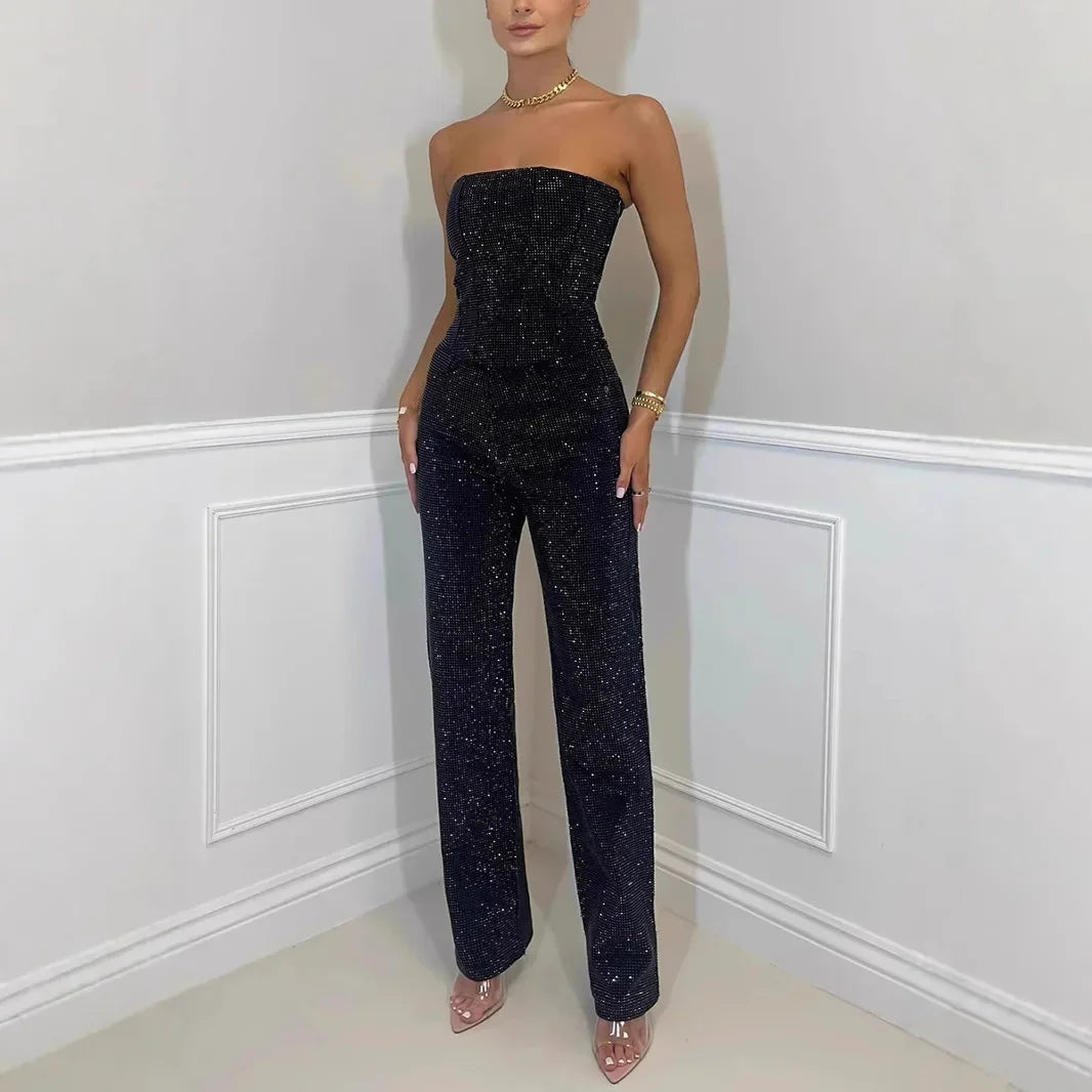 Ensembles pantalon tube en denim à paillettes pour femmes