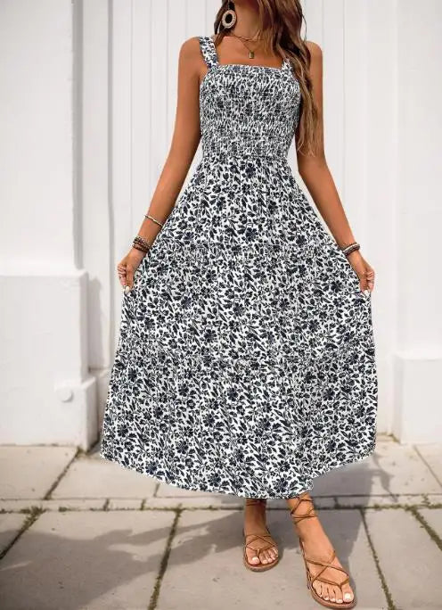 Robe d'été à imprimé Floral, avec col carré et cintré à la taille pour femmes