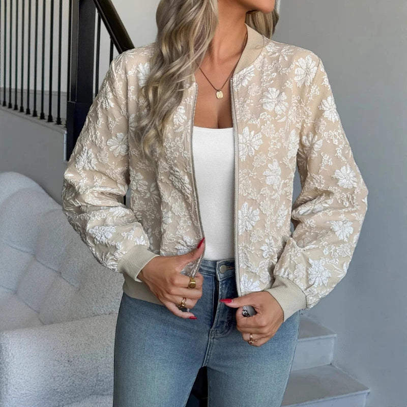 Veste Courte Jacquard Femme – Zip et Motif Floral