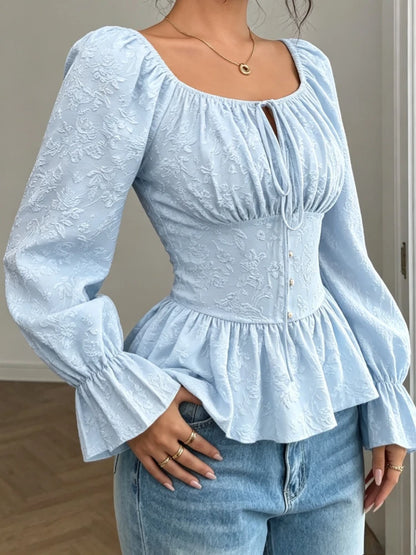 Chemise Jacquard Rose Femme – Col U et Laçage