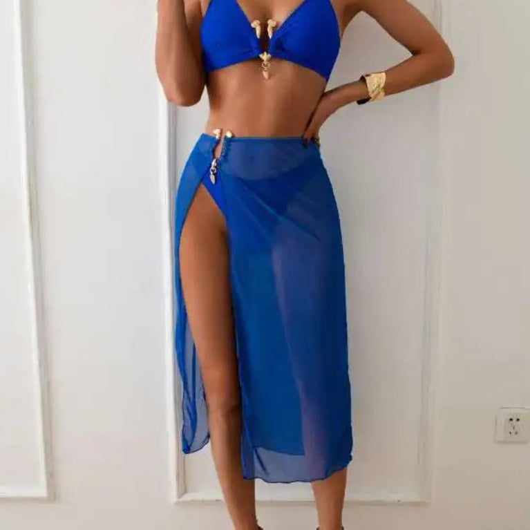 Maillot de bain bikini trois pièces avec bretelles à nouer autour du cou pour femmes